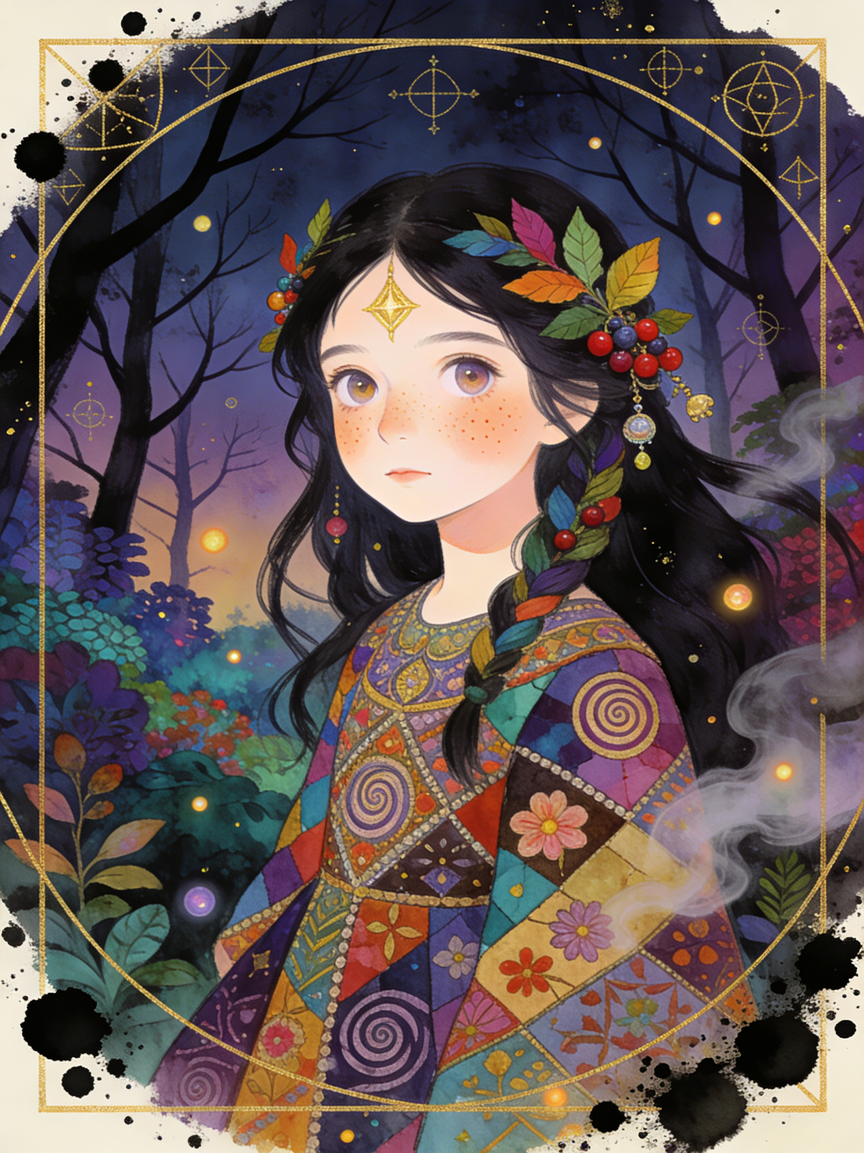 Illustrated girl with a colorful patchwork cloak in a moonlit forest, framed by a gold geometric border.