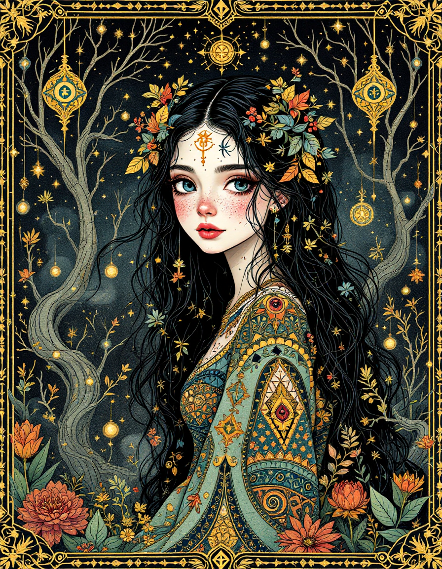 Illustrated woman with dark flowing hair, floral crown, and ornate patterned cloak in a moonlit forest.
