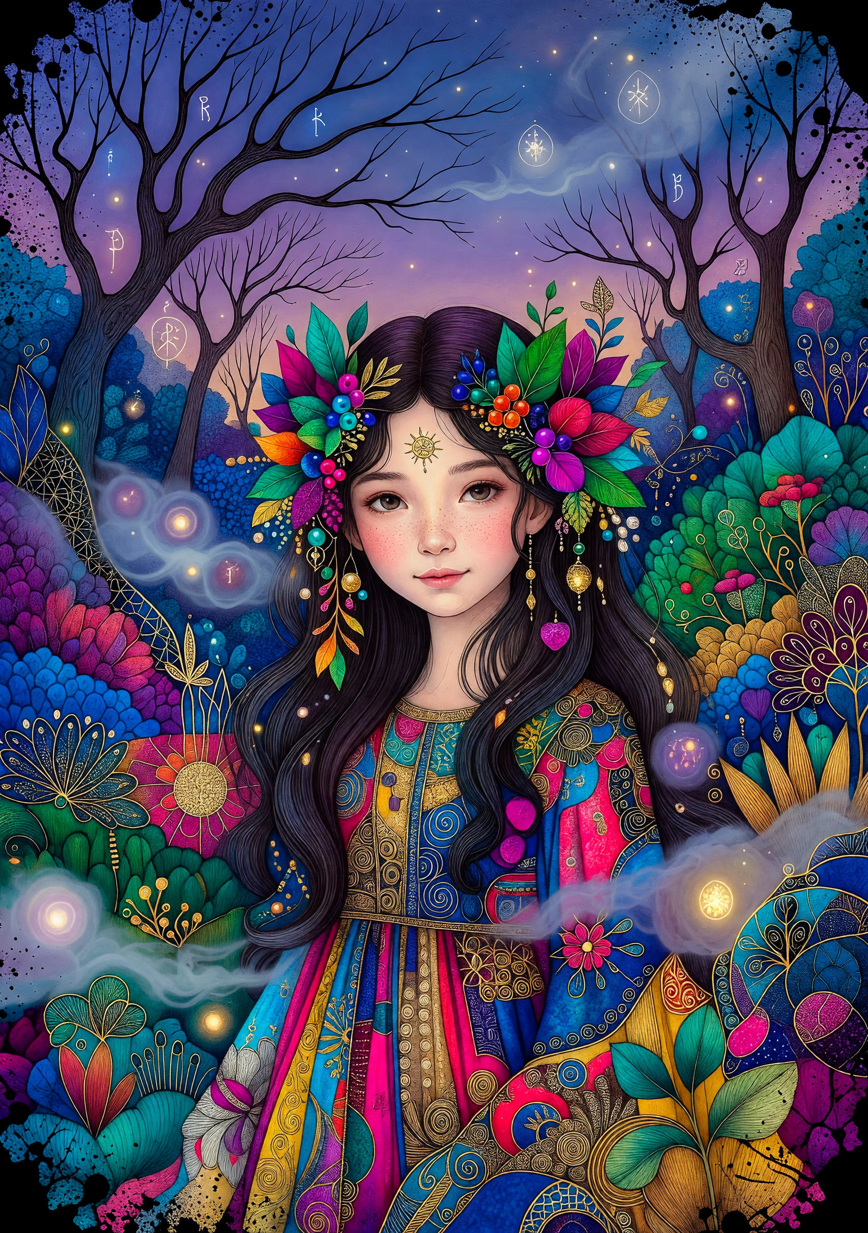 Young girl with a vibrant flower crown in a colorful, magical forest scene.