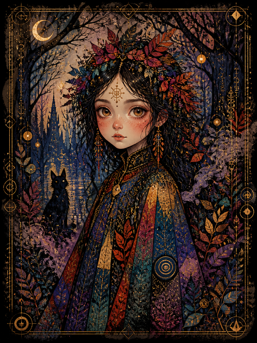 Illustrated girl with a leafy crown in a dark forest, ornate gold border and mystical atmosphere