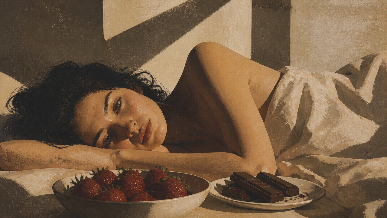 Woman lying in bed with bowls of strawberries and chocolate beside her.