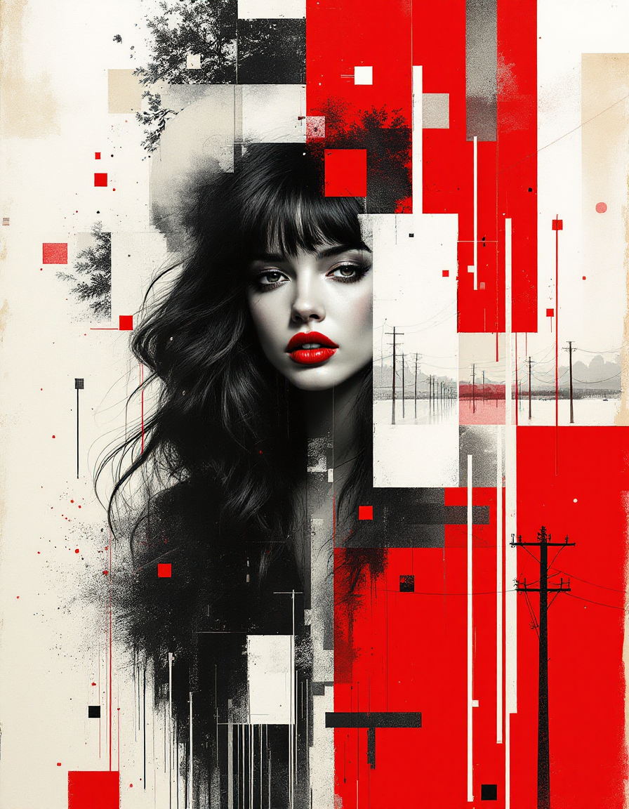 Black-and-white portrait of a woman with red lips amid a glitchy red-and-white geometric collage.