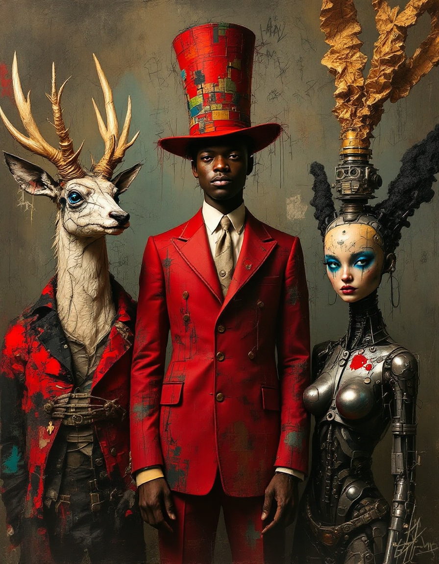 Three surreal figures: a man in a red suit and tall patchwork hat flanked by a deer-headed figure and a metallic armored w...