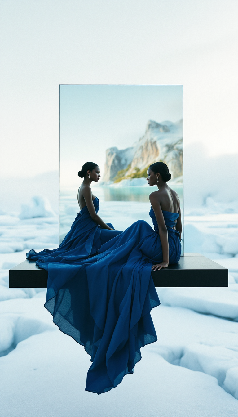 Two women in blue evening gowns sit on a bench with a mirror, reflecting them against a snowy, icy landscape.
