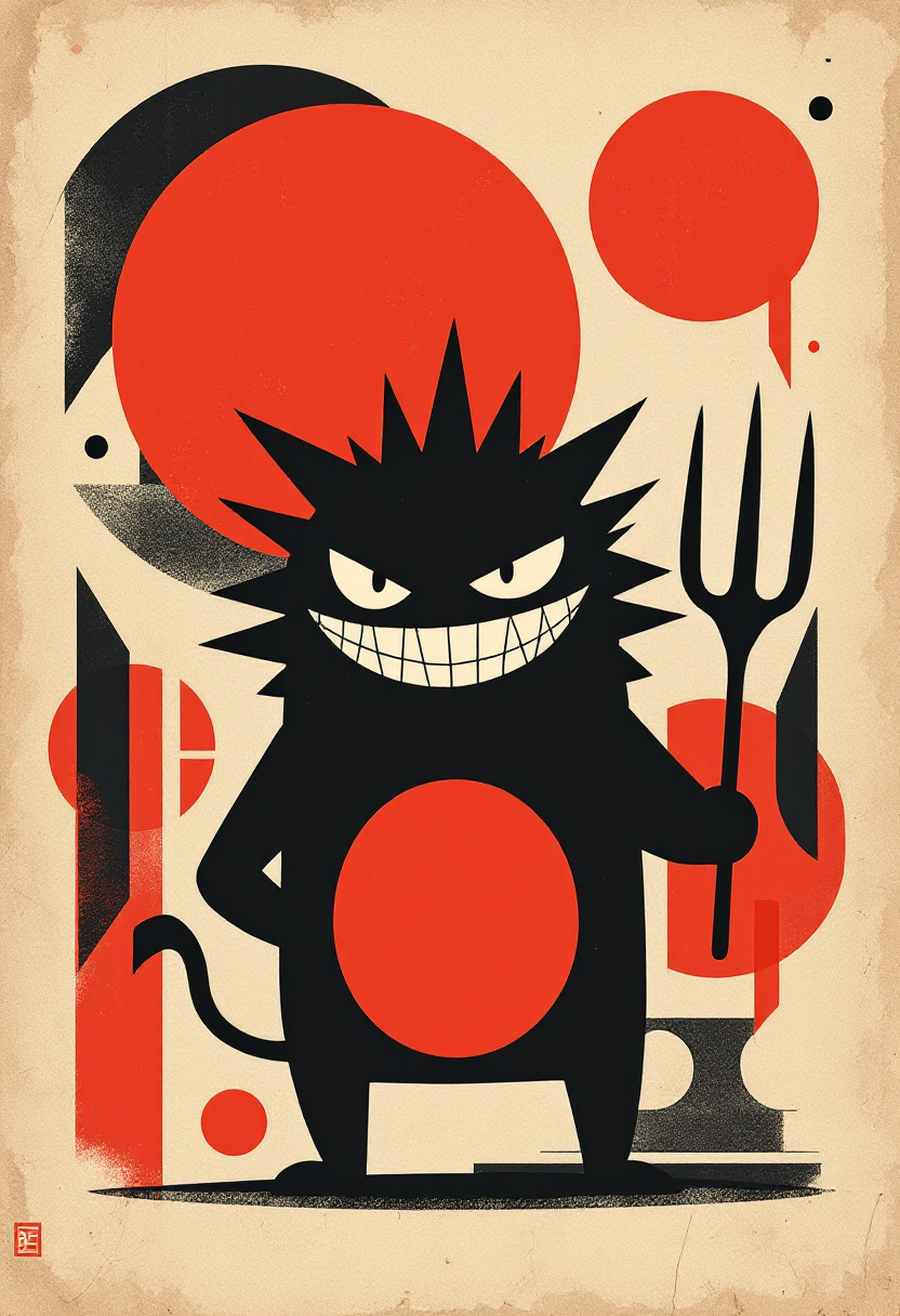 Smiling black cartoon demon with red circle belly and spiky hair, holding a trident in a bold retro illustration.