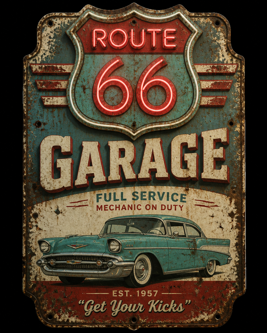 Vintage Route 66 garage sign with a teal classic car and neon "66" motif, rusted metal texture.