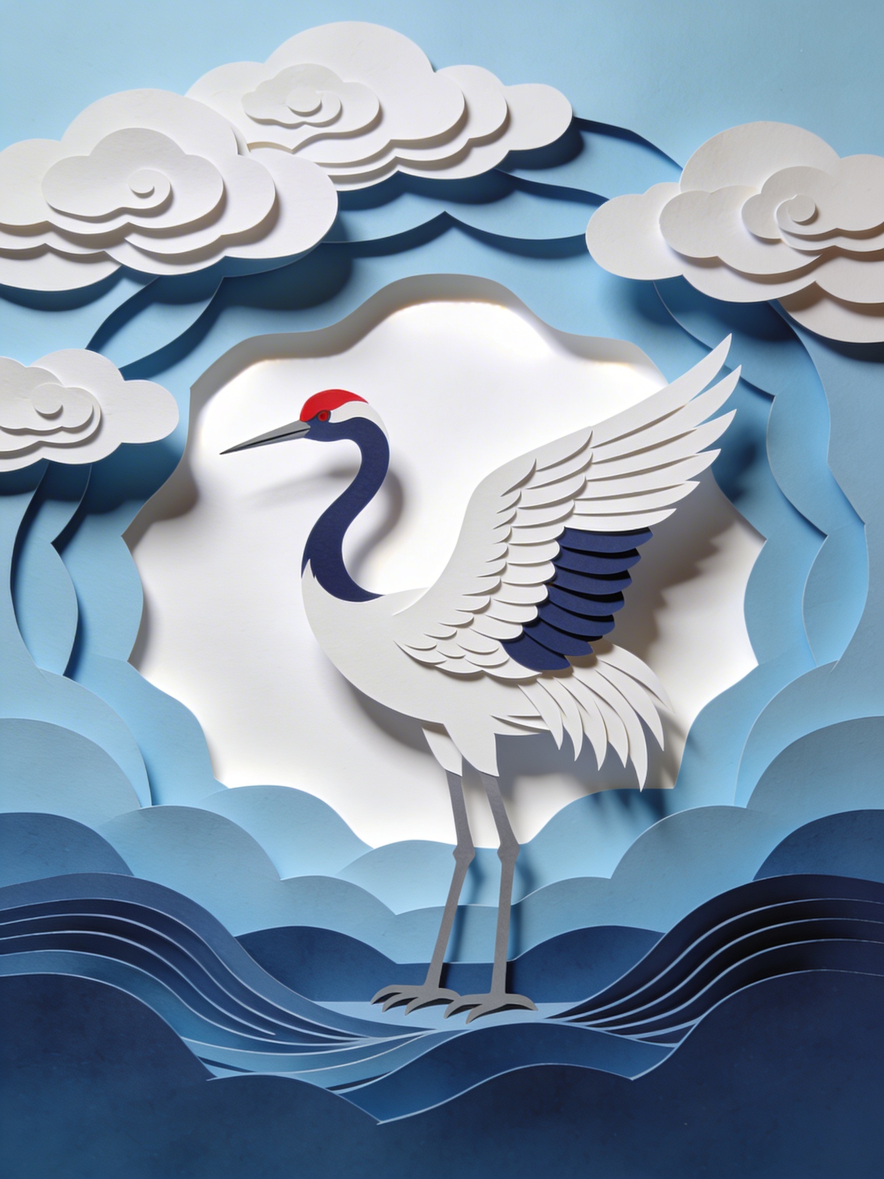 Paper art crane with layered blue waves and white clouds in a papercut style.