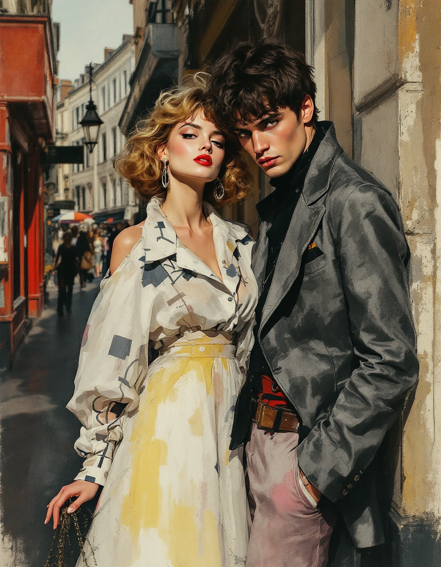Stylish couple leaning against a sunlit European street wall in fashionable outfits.