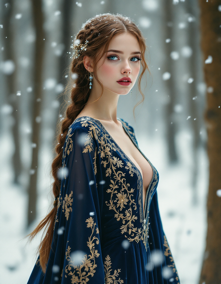 Young woman in a deep blue embroidered gown with gold floral details in a snowy forest.