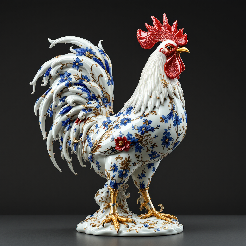 Decorative porcelain rooster figurine with blue floral patterns and gold accents on white ceramic