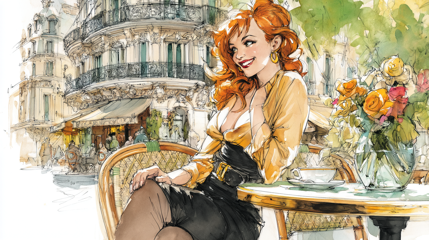 Illustrated red-haired woman in a yellow blouse and black skirt at an outdoor Paris cafe with roses.