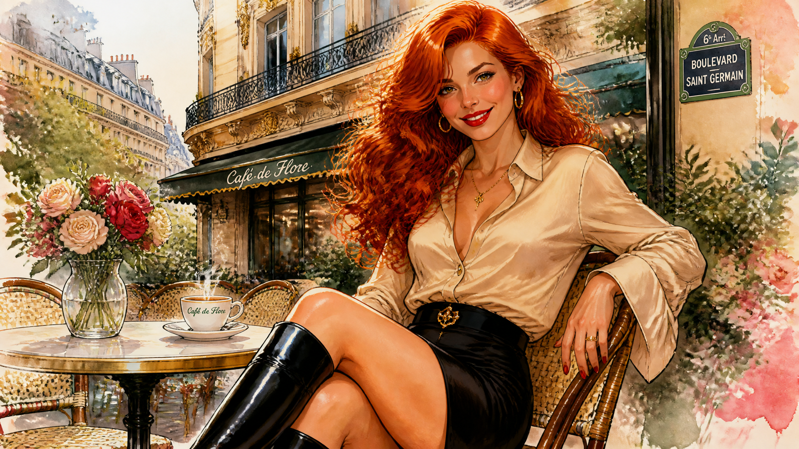 Woman with red hair in a beige blouse, black mini skirt, and knee-high boots at a Paris outdoor cafe.
