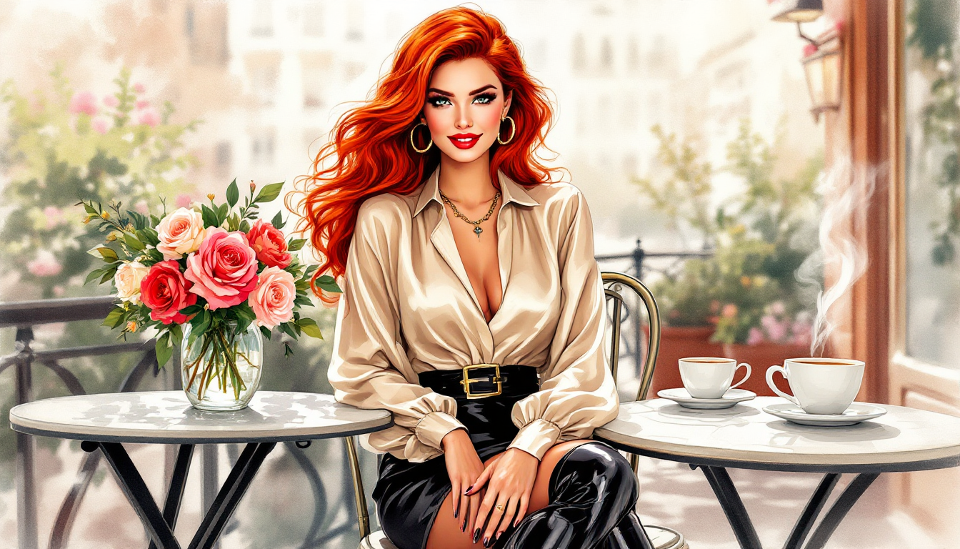 Chic illustrated woman with red hair in a beige blouse at an outdoor cafe.