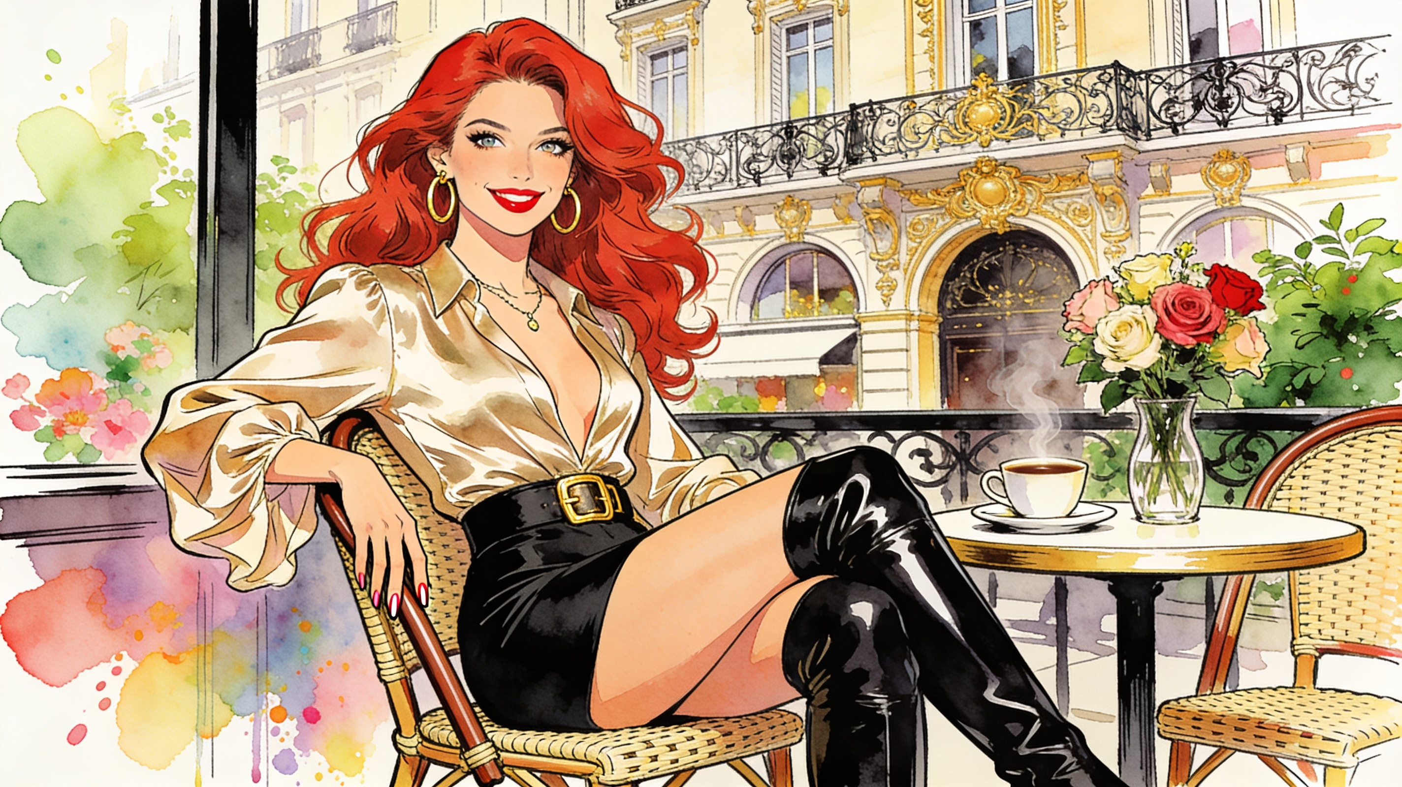 Stylish red-haired woman in a gold blouse and black thigh-high boots at an outdoor cafe.