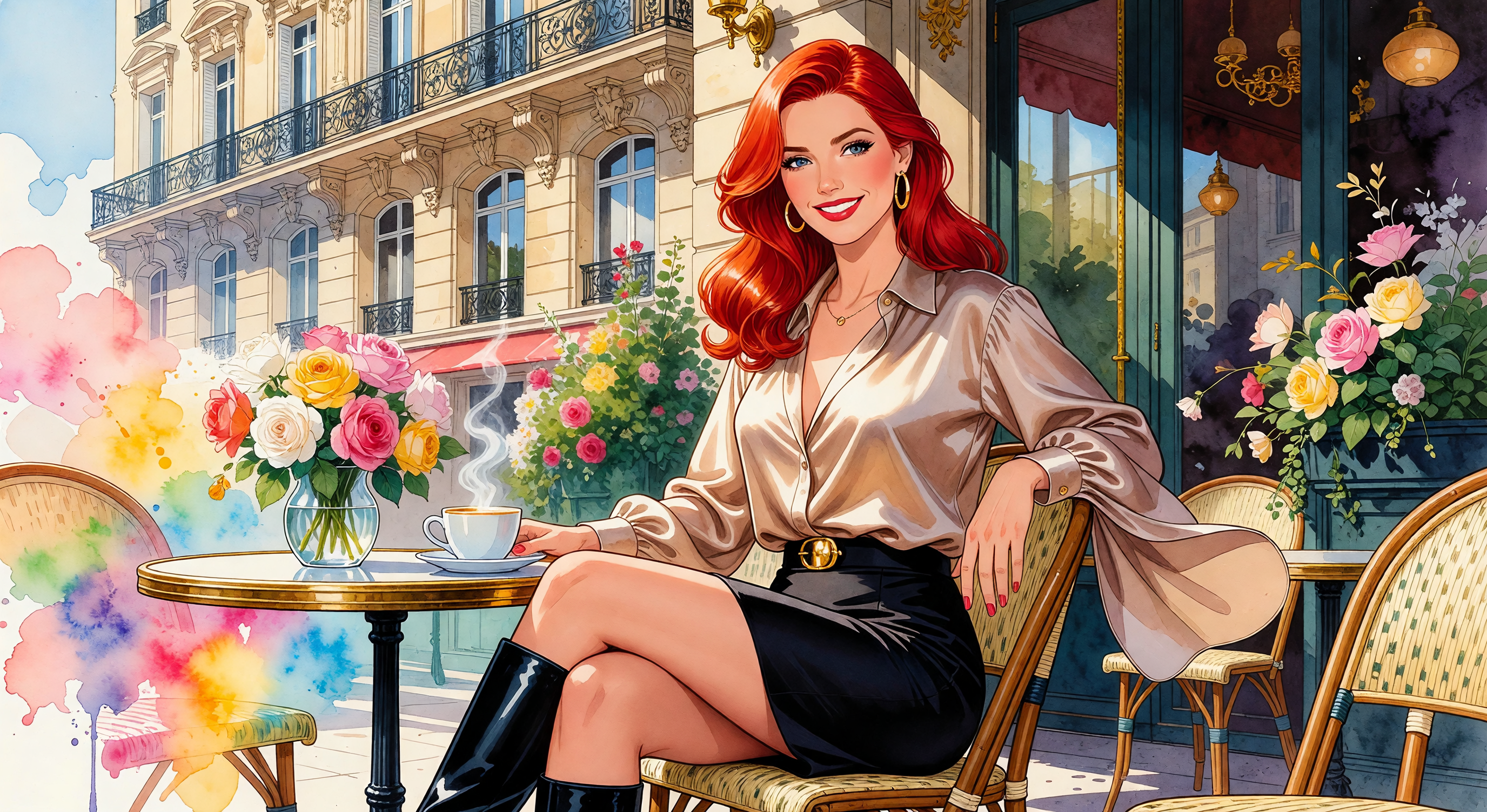 Illustration of a stylish red-haired woman at an outdoor Parisian café with flowers and colorful surroundings.