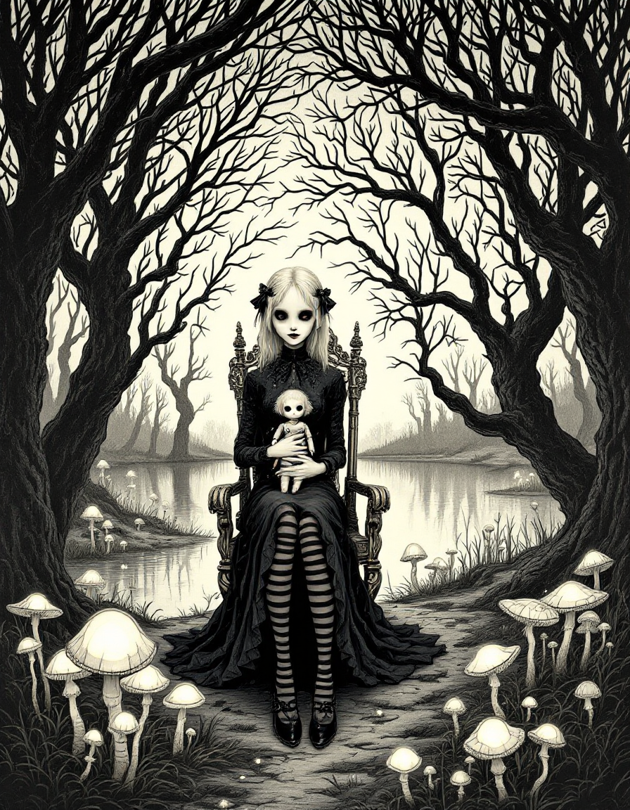 Gothic girl doll in a black dress sits on a throne in a misty, barren forest with glowing mushrooms.