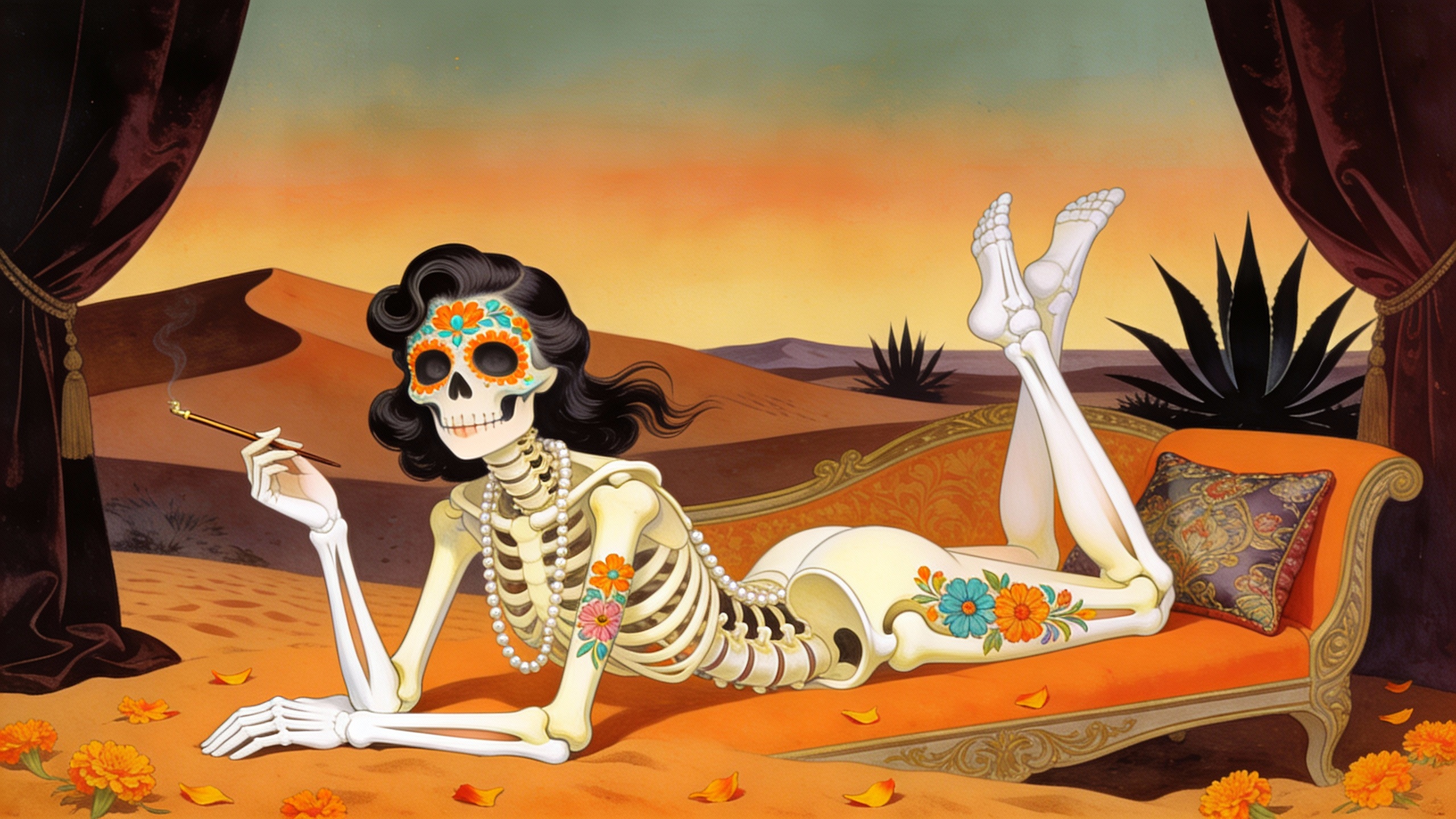 Sugar-skull painted skeleton lounging on an ornate chaise in a desert sunset scene.