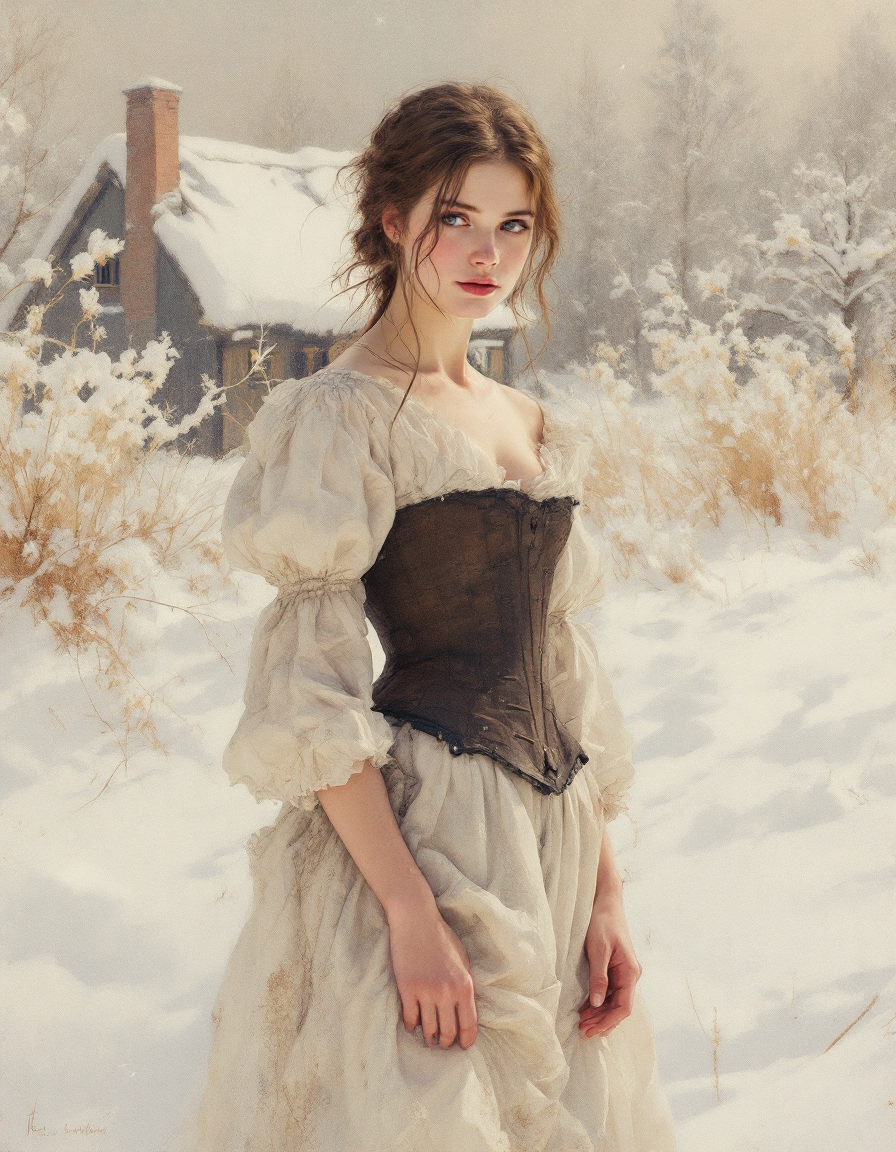 Young woman in a vintage cream dress with a brown corset standing in a snowy rural landscape.
