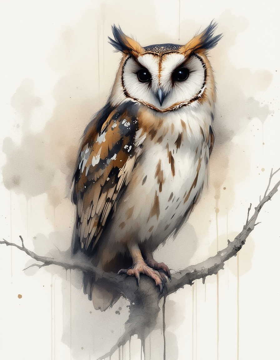 Watercolor-style illustration of a perched owl on a branch with a soft neutral background