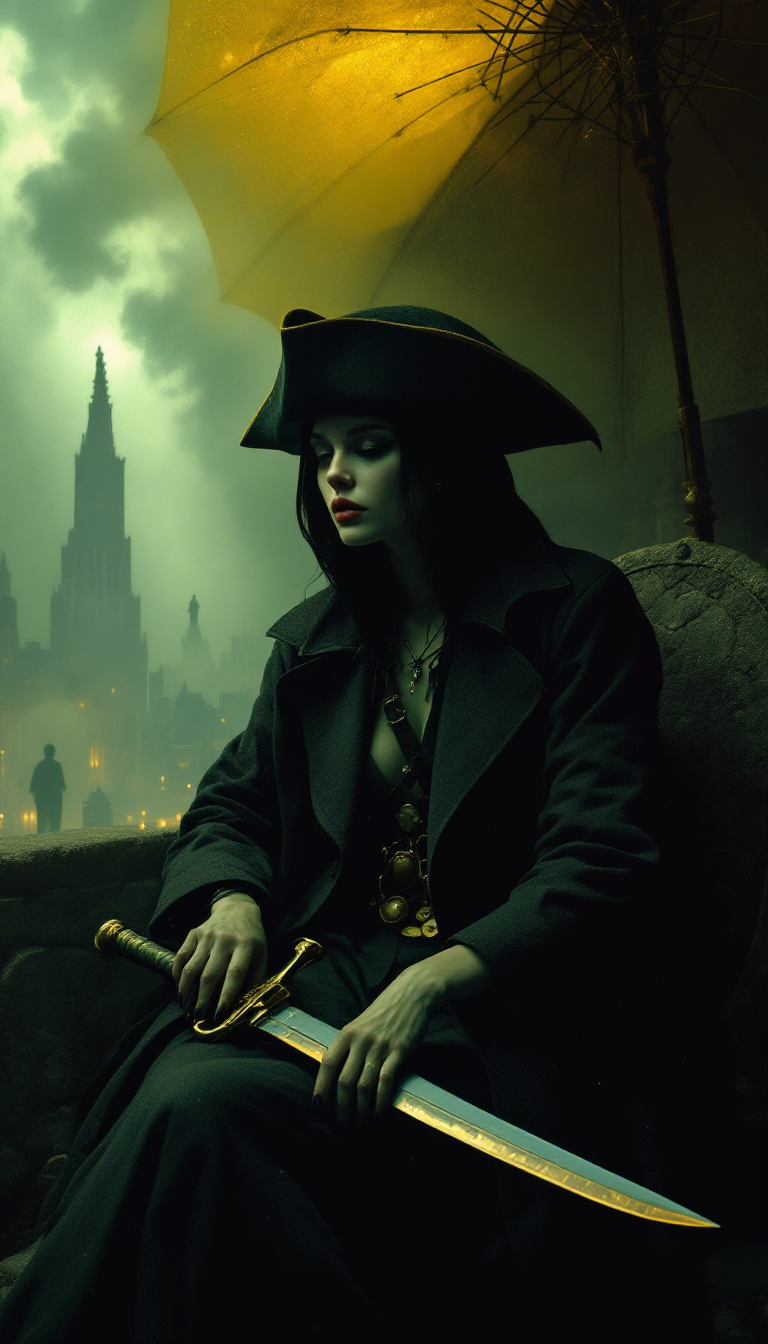 Gothic woman in a black cloak and wide hat sits with a dagger under a yellow umbrella in a foggy, moody cityscape.
