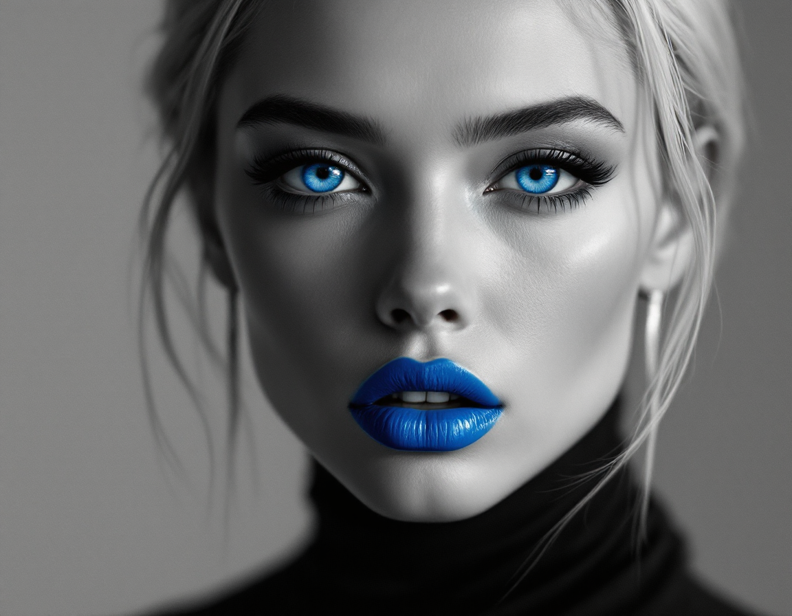 Close-up portrait of a woman with striking blue eyes and bold blue lips in a monochrome, high-contrast shot.