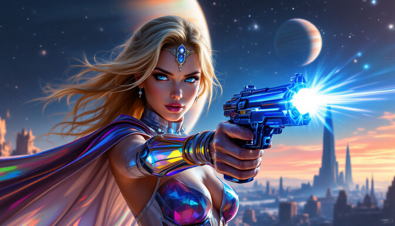 Futuristic female warrior with a glowing pistol, cape, and jeweled headpiece in a sci-fi cityscape.