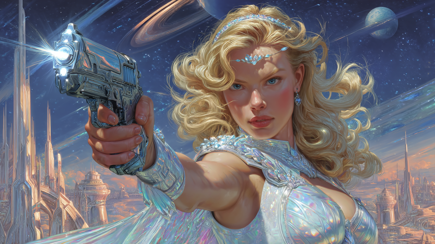 Blonde space-warrior in metallic armor fires a futuristic pistol in a neon sci-fi cityscape.