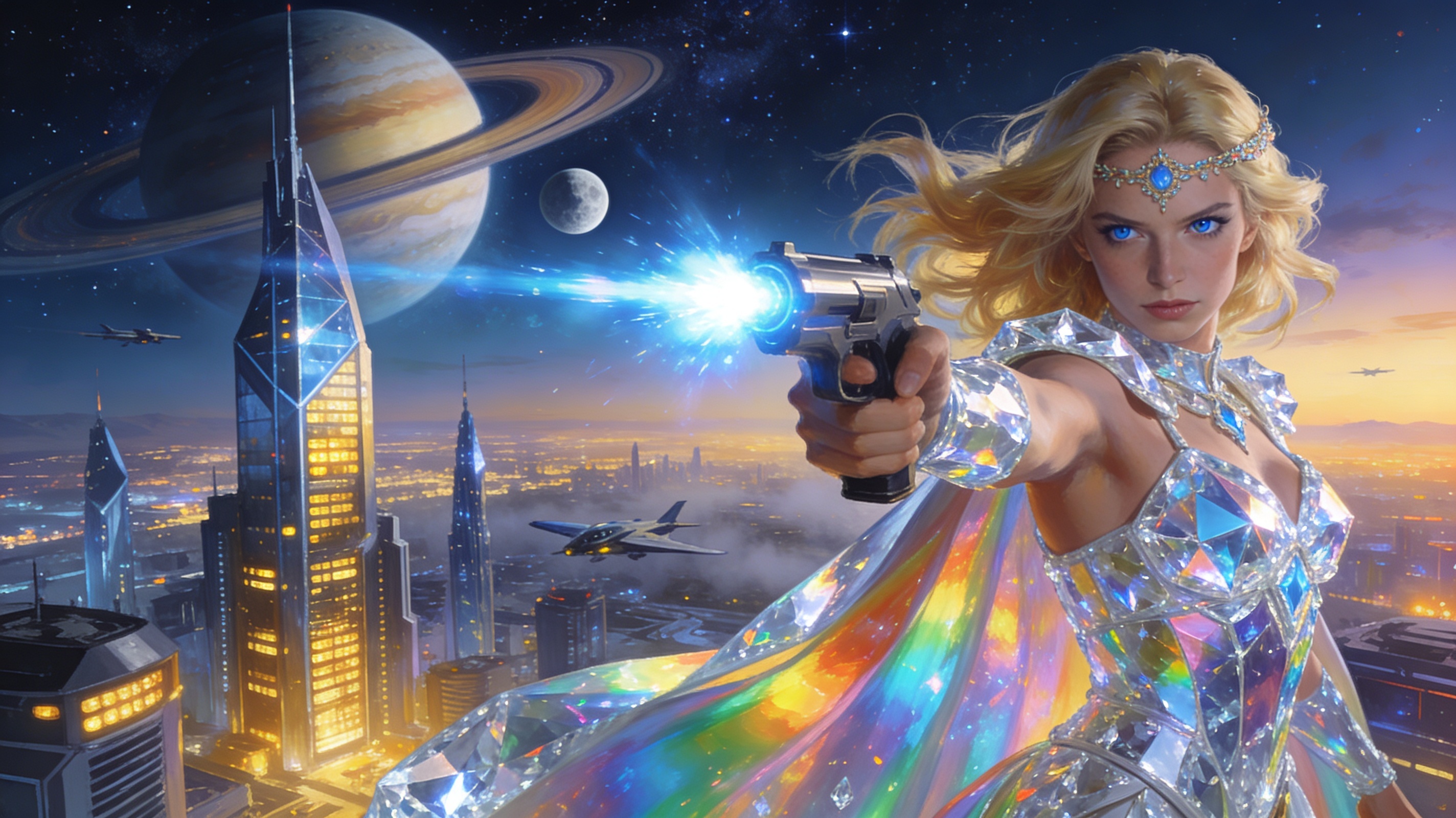 Futuristic female warrior in crystal armor fires a blue energy gun over a neon space cityscape with planets in the sky.