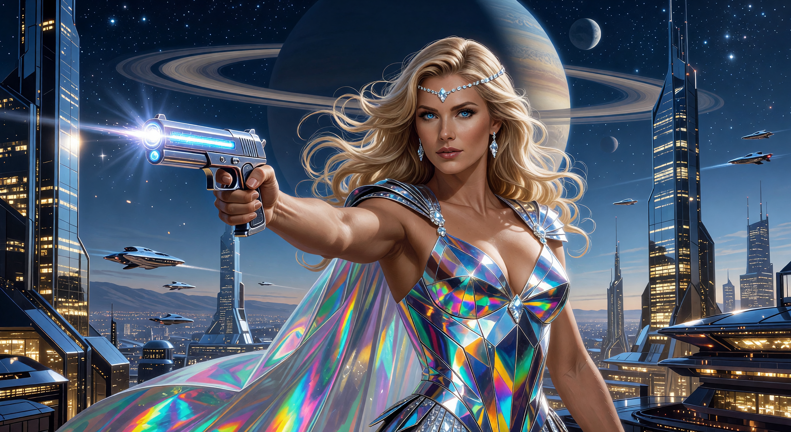 Futuristic woman in iridescent armor aims a laser pistol in a neon sci-fi city with a ringed planet in the sky