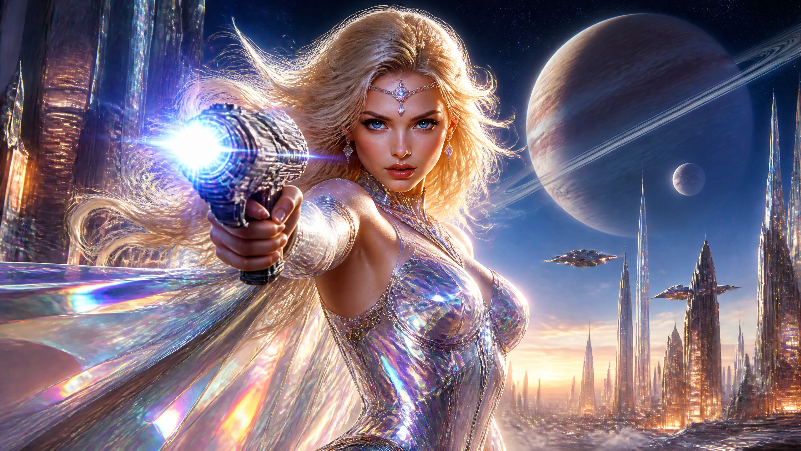 Futuristic fantasy heroine aiming a glowing energy pistol with a crystal cape, against an alien city and planets.