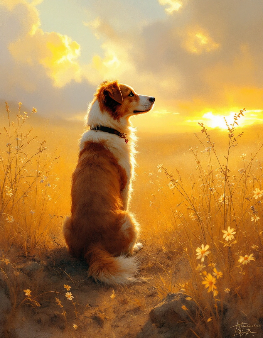 Dog sitting in a sunlit wildflower field at sunset with warm golden light.
