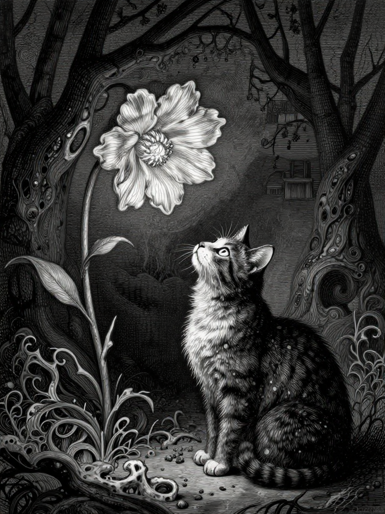 Black-and-white illustration of a cat gaze at a large flower in a moonlit, eerie garden.
