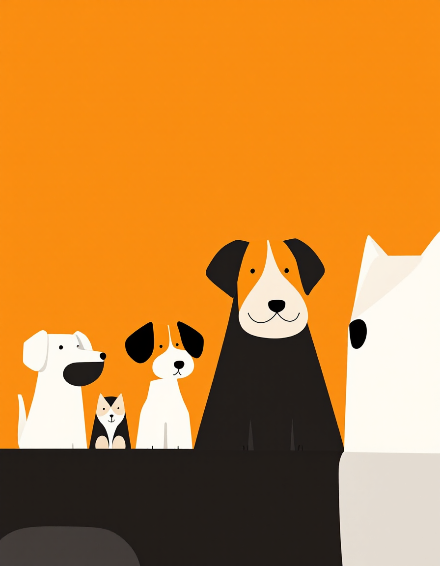 Cartoon dogs and a cat in a bold, minimalist vector illustration on an orange background