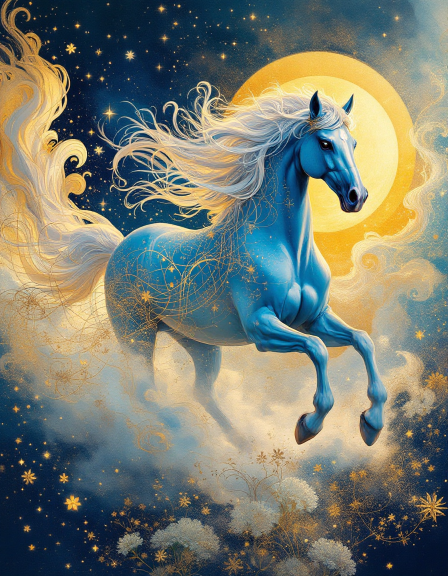 Vibrant blue celestial horse (Pegasus) rearing in a starry night sky with a glowing full moon.