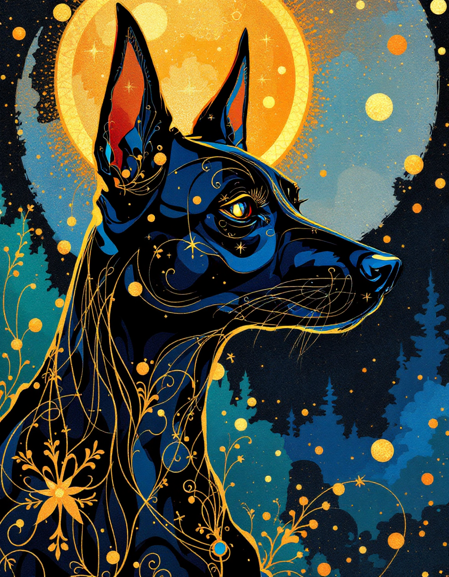 Stylized blue canine with gold botanical patterns under a glowing moonlit sky.
