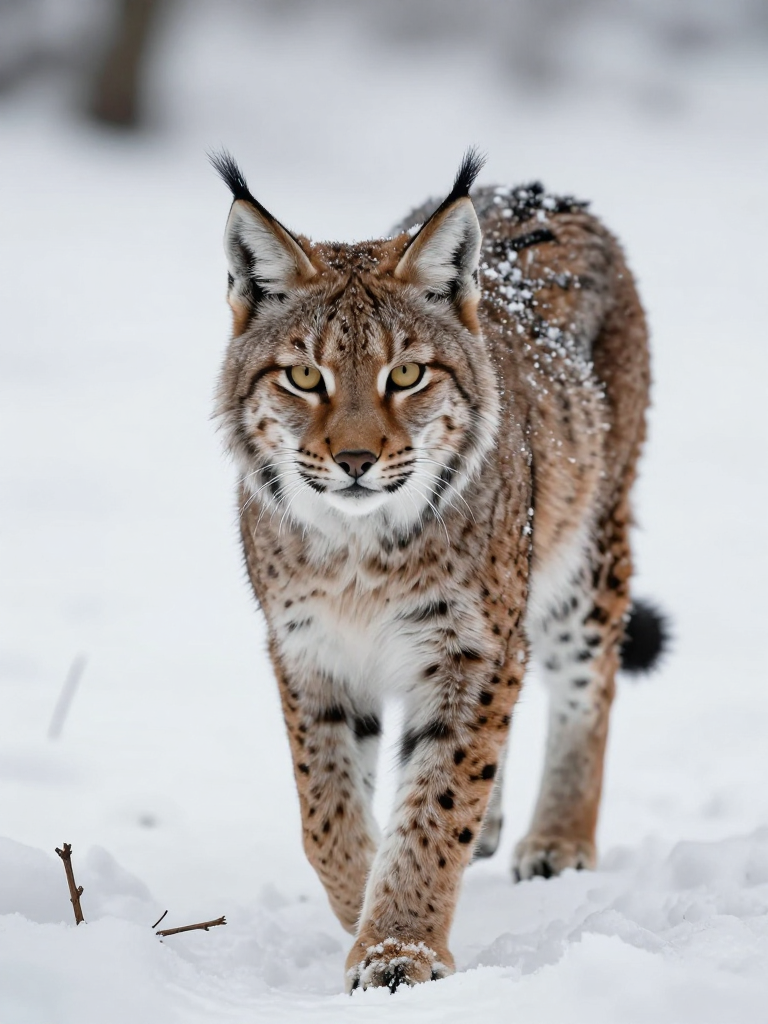 Siberian/Eurasian lynx walking through a snowy landscape with tufted ears and spotted fur.