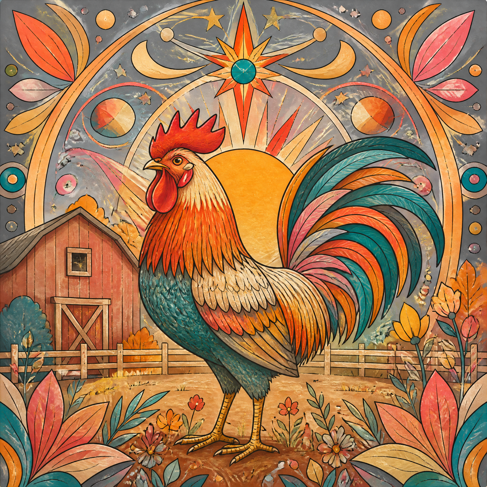 Colorful stylized rooster in a sunburst garden with a barn in the background.