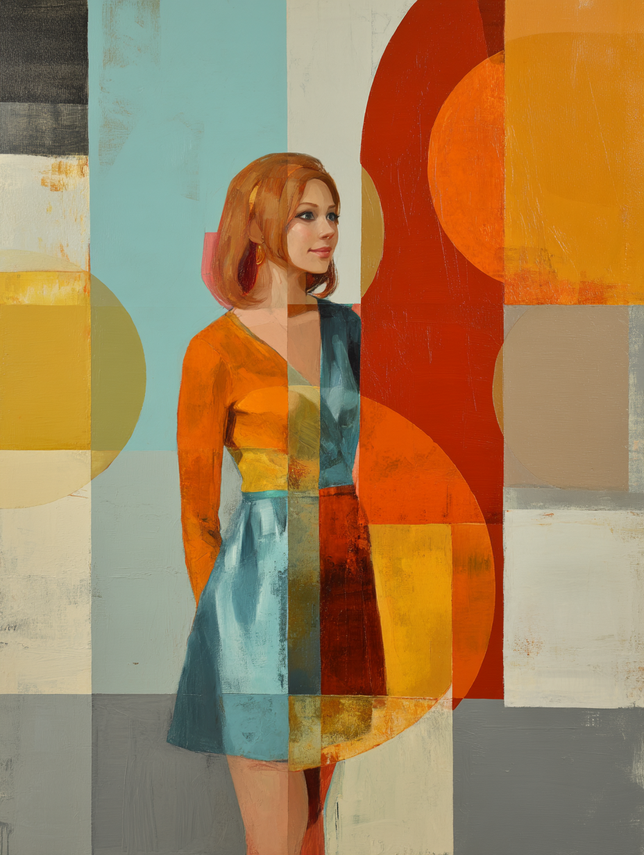 Abstract geometric painting of a woman in a colorful dress against bold shapes and blocks of color.