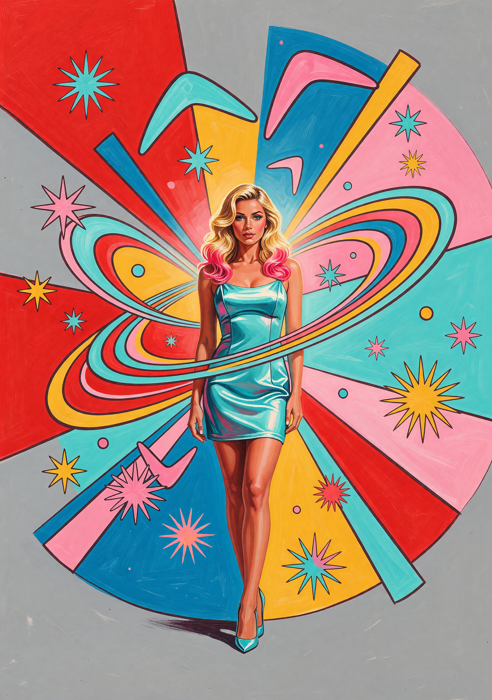 Vivid mural of a glamorous woman in a metallic turquoise dress with swirling neon ribbons and starbursts.