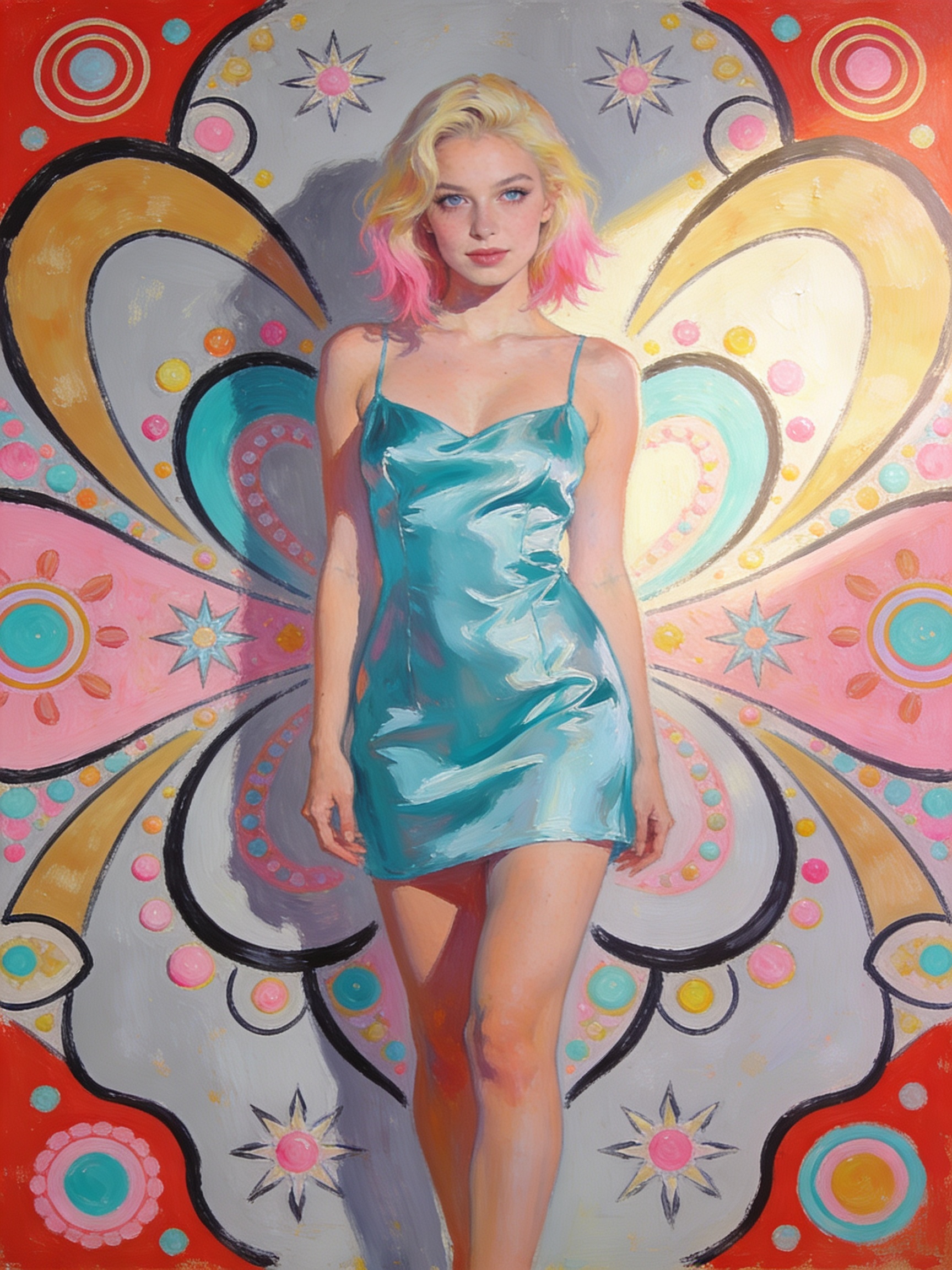 Young woman with pastel pink-tipped blonde hair in a glossy blue slip dress stands before a colorful butterfly-wing mural.
