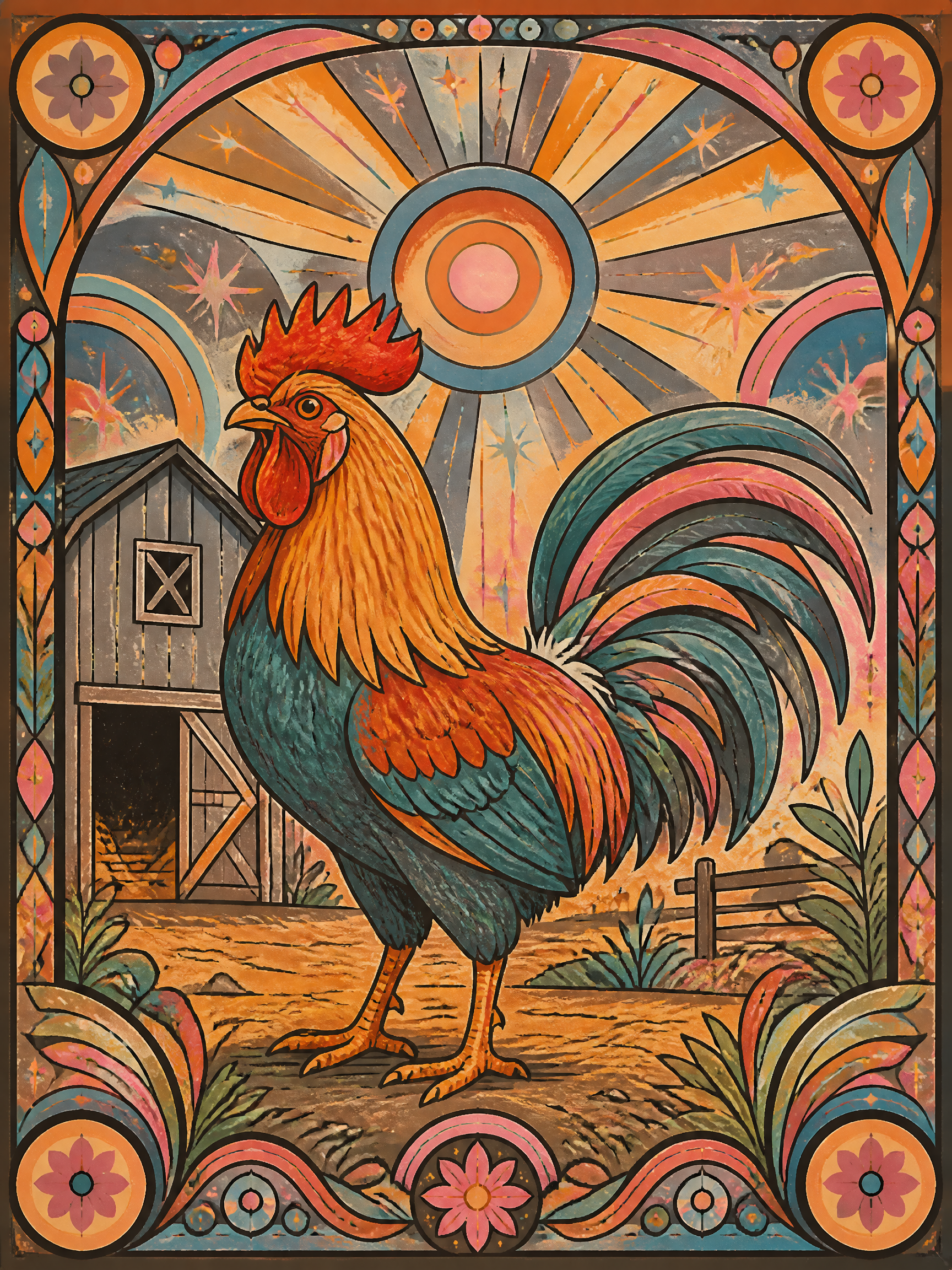 Colorful rooster standing in front of a barn with a radiant sunburst and ornate decorative border.