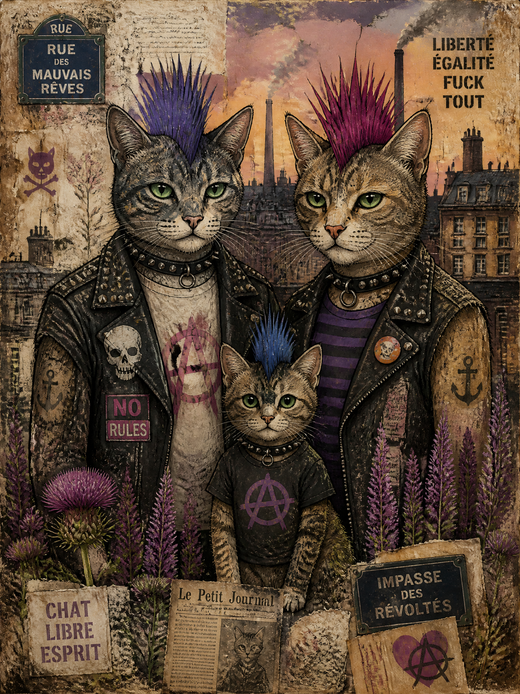 Three cats with colorful mohawks in leather jackets amid an urban dystopia with anarchist symbols.