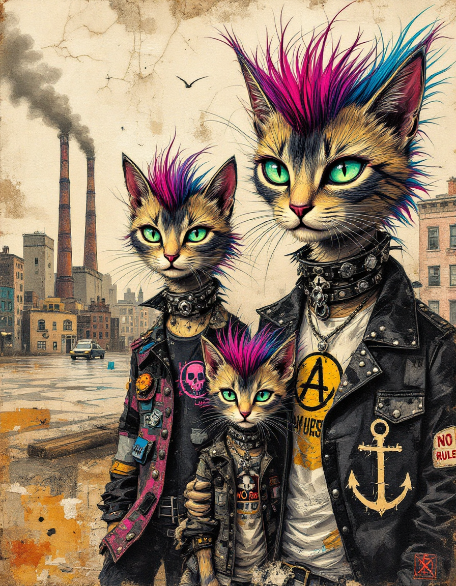 Three neon-mopped, green-eyed cats in punk outfits posing in an urban industrial scene.