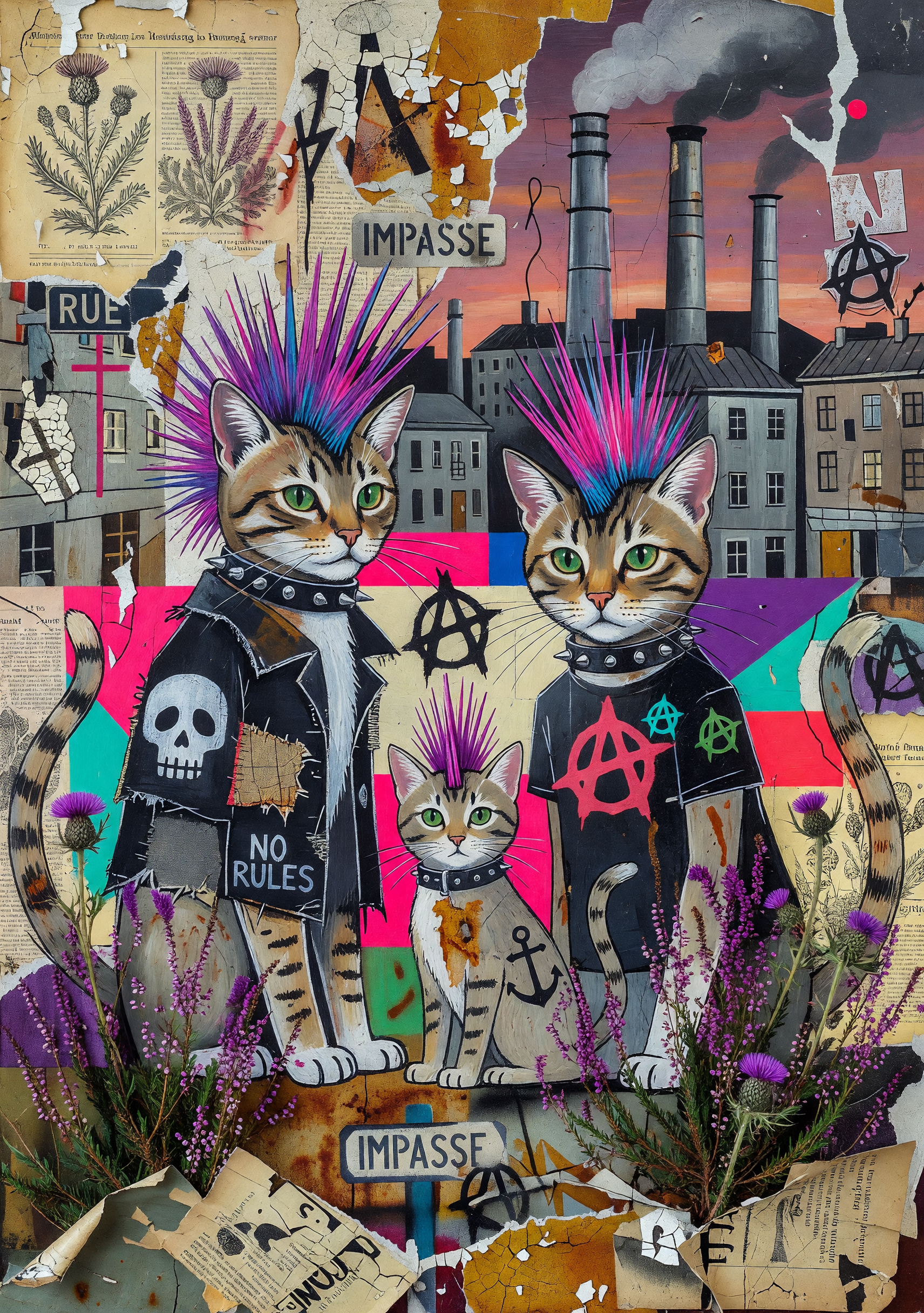 Colorful graffiti mural with three punk cats sporting bright mohawks against an industrial city backdrop.