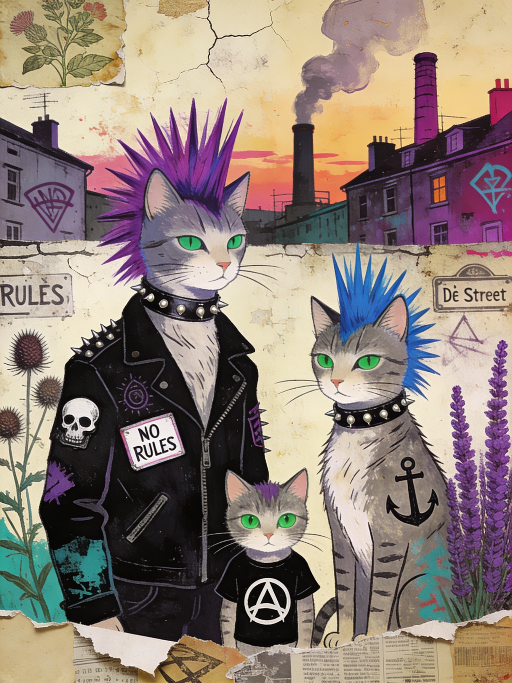 Punk cats with neon mohawks in a graffiti mural wearing a leather jacket and symbols.