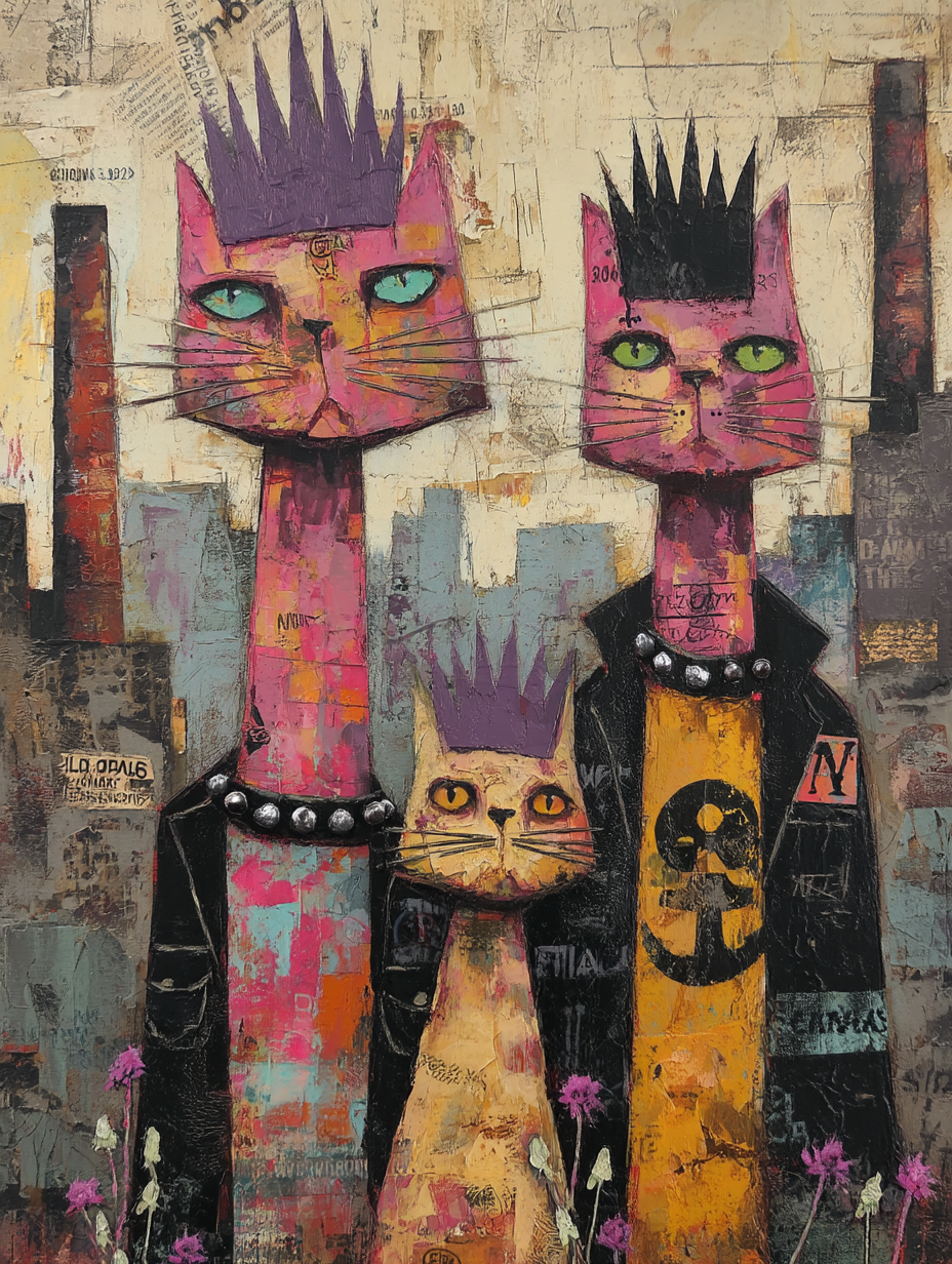 Colorful triple-cat graffiti painting with purple crowns and biker jackets in an urban mural.