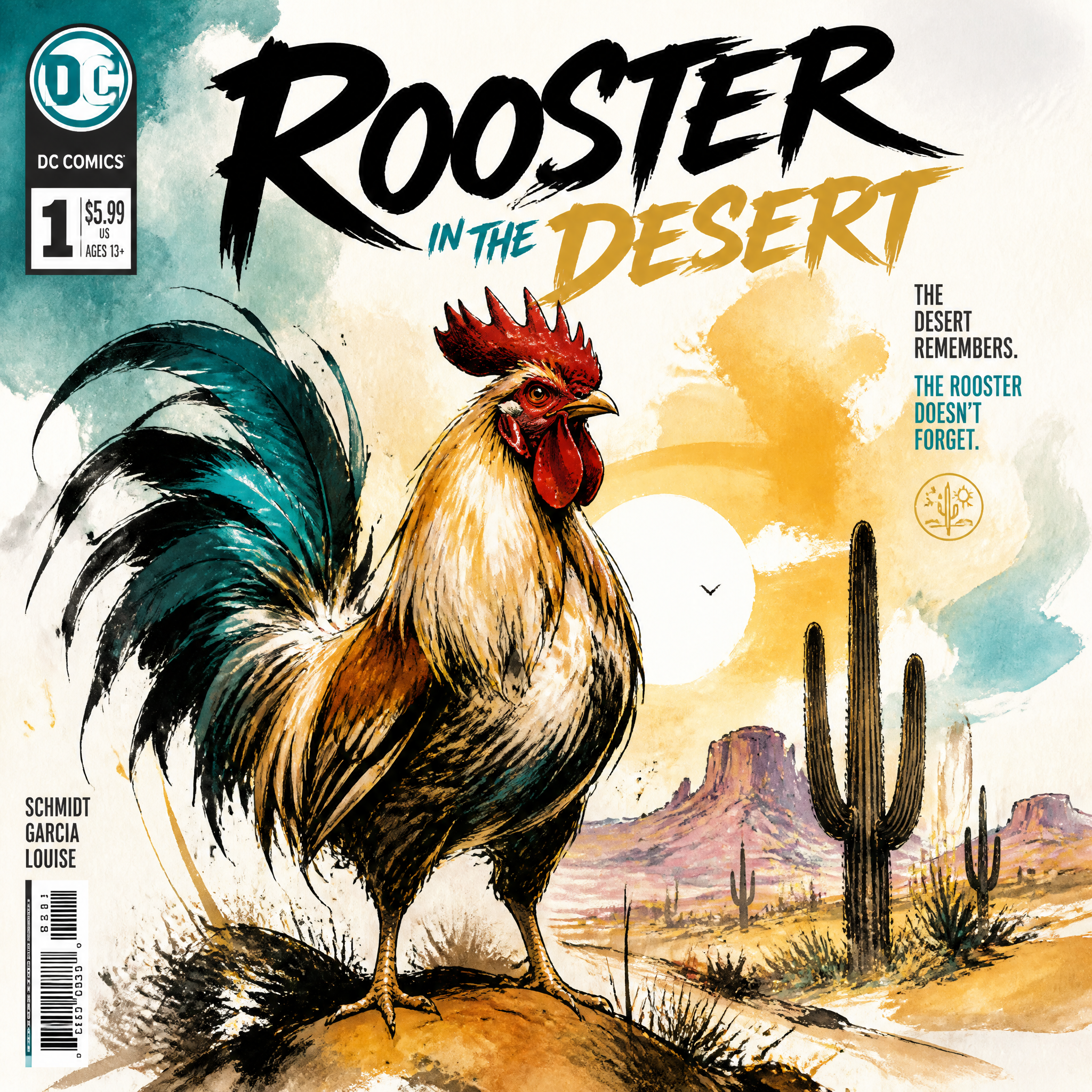 Colorful comic book cover featuring a large rooster in a desert landscape with cacti and a bright sun.