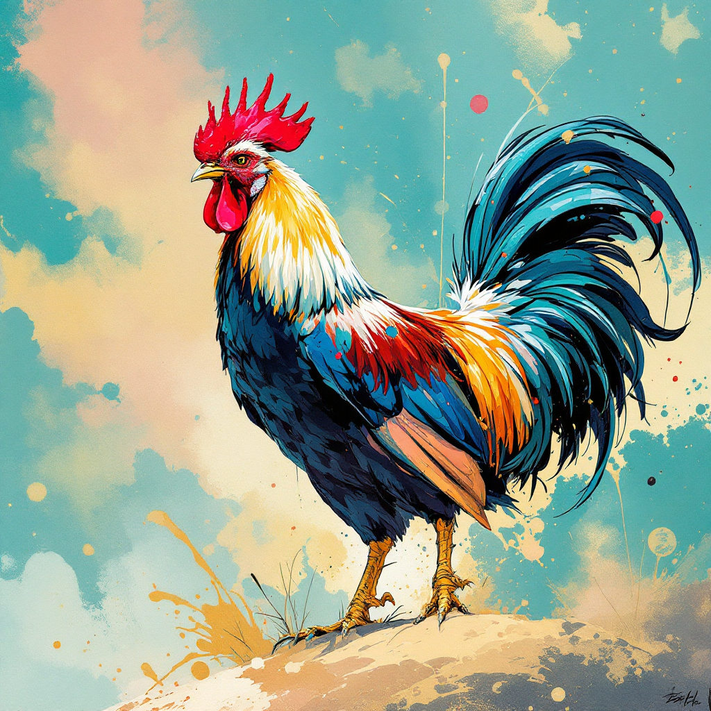 Colorful illustrated rooster standing on a sandy surface with a teal splatter-painted background.