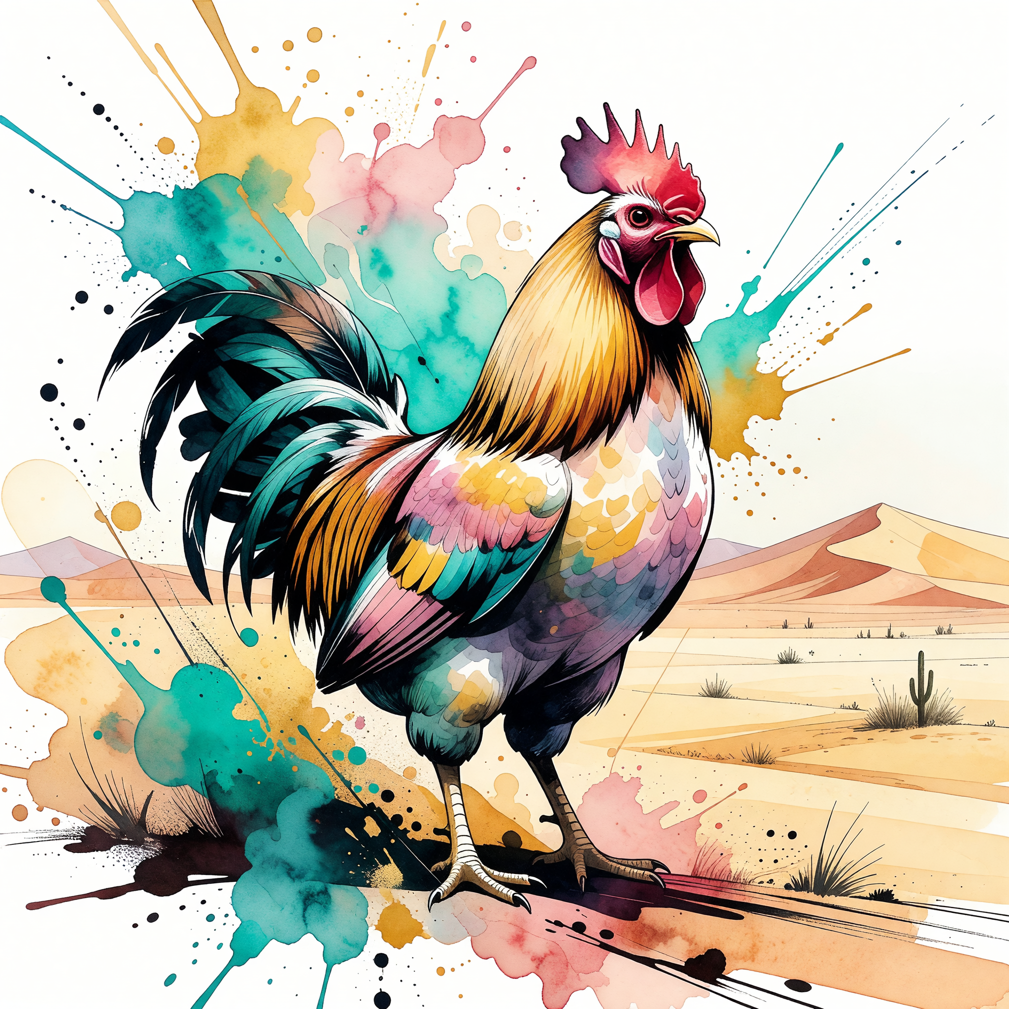 Colorful watercolor rooster standing in a desert landscape with vibrant paint splashes