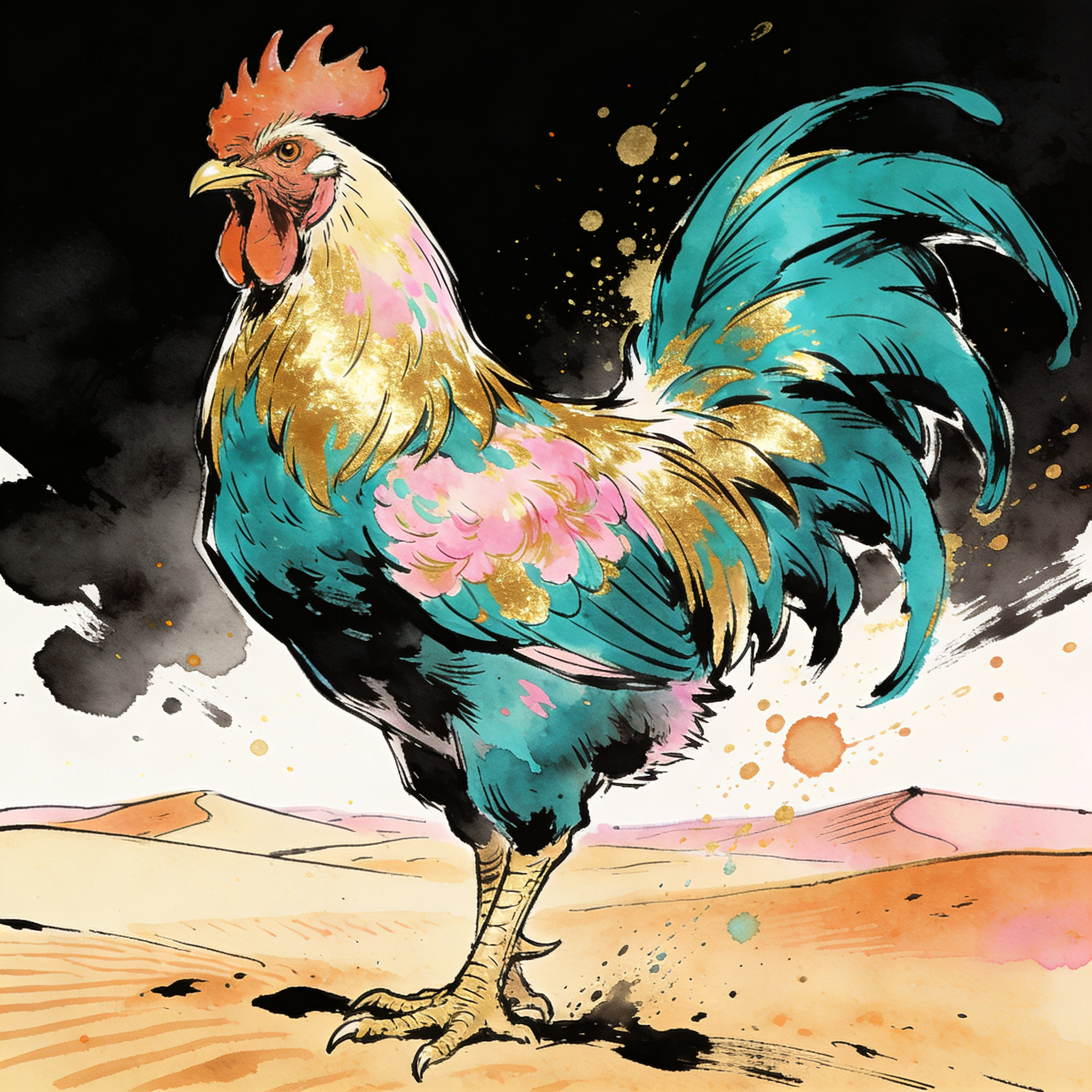 Vibrant watercolor-style rooster with turquoise, pink, and gold feathers in a desert landscape.